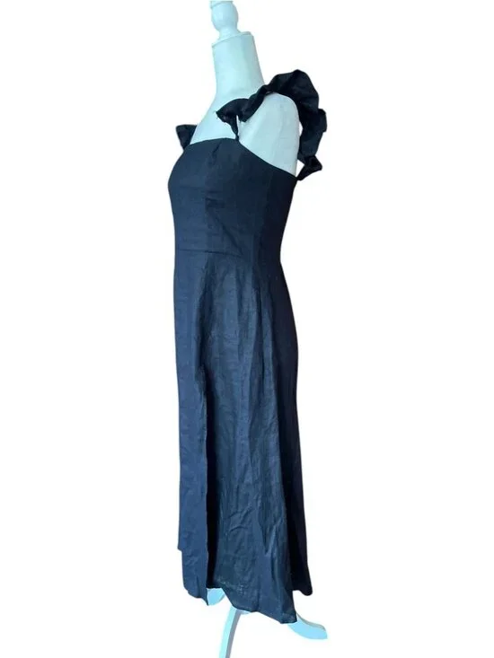 Reformation Spaulding 100% Linen Dress Sz 8  Black Ruffle Strap Formal Date - Picture 7 of 15
